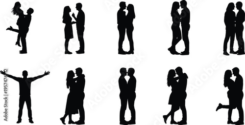 romantic couple silhouettes collection, love relationship poses kissing hugging, happy couple lifestyle concept vector illustration isolated on white background