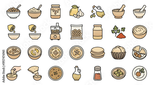Hummus and Mediterranean Food Icon Set in Filled Line Style. A collection of linear icons, including chickpeas, tahini, lemon, garlic, olive oil, pita bread, falafel, and more. Vector art.