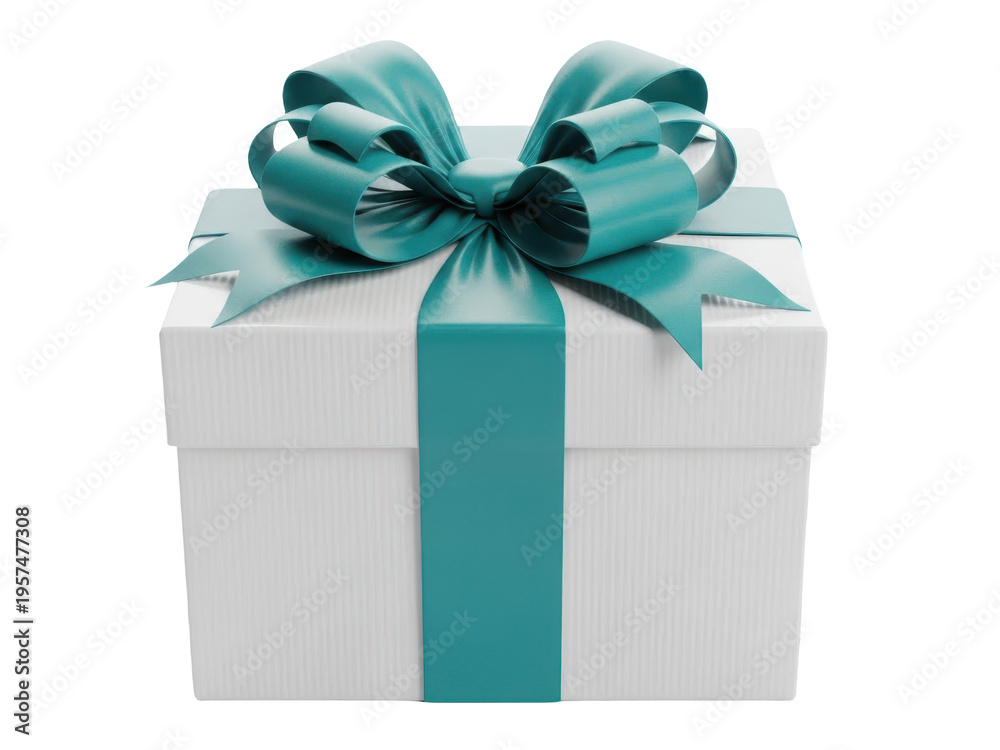 Fototapeta premium White gift box with a teal ribbon and bow on top isolated on transparent background
