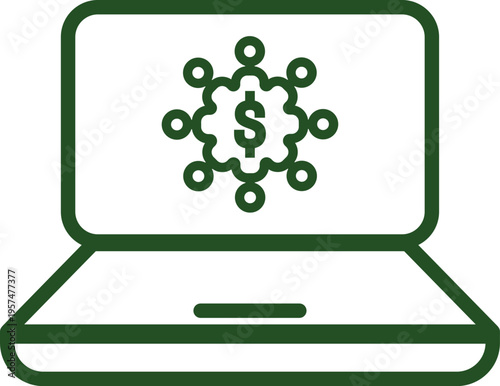 A digital illustration of a laptop screen showing a network icon with a central dollar sign symbol