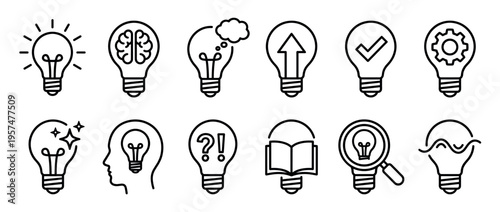 Lightbulb icons representing various concepts of thinking, creativity, innovation, problem-solving, and knowledge acquisition for business and education.