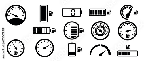 Collection of fuel and battery level gauges, meters, and indicators in various black and white icon styles for automotive and energy concepts.