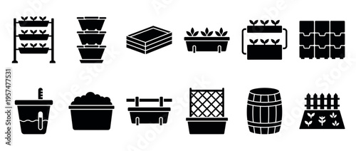 Gardening containers, planters, and cultivation systems icons for modern urban farming and sustainable plant growth.
