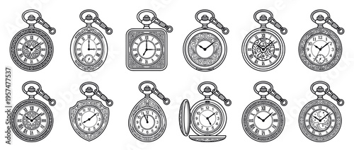 Collection of vintage pocket watches with various intricate designs, including Roman and Arabic numerals, gears, and decorative elements, in a classic line art style.
