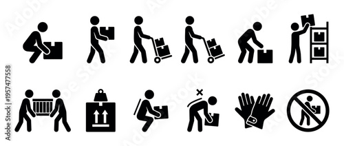 Manual handling safety icons illustrating proper lifting techniques, carrying boxes, using a hand truck, and warning against unsafe practices.