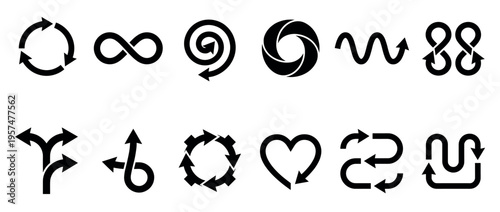 Collection of black arrow icons representing various directions, cycles, processes, and movements for design elements and conceptual illustrations.