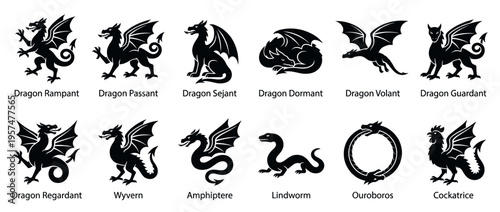Collection of various mythical creatures and heraldic dragons in different poses, presented as black silhouette vector illustrations.