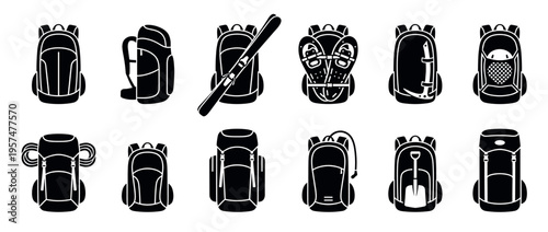 Backpacks and rucksacks for hiking, camping, and outdoor adventures, featuring various designs and attached equipment like skis and snowshoes.