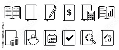 Collection of business and finance book icons representing accounting, planning, savings, and data management concepts for various professional applications.