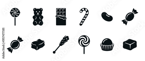 Various candies sweets confectionery collection icons featuring lollipops, gummy bears, chocolate, and other delicious treats in a simple silhouette style.