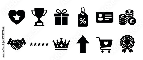 Collection of business, reward, and loyalty program icons for various digital applications and services.