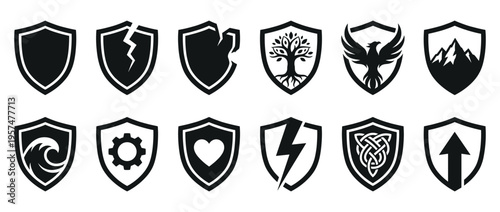 Collection of various shield icons representing protection, security, strength, and different concepts like nature, power, and love.