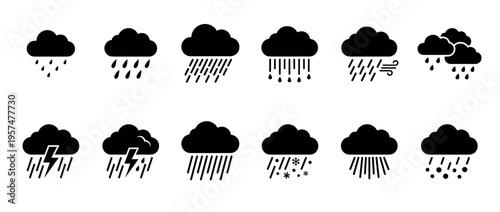 Collection of weather icons depicting various precipitation types including rain, snow, hail, and thunderstorms with clouds.