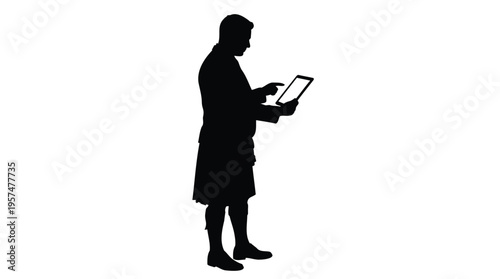 Graphic silhouette of a man wearing traditional Scottish kilt, actively engaging with a digital tablet device on a clean white background