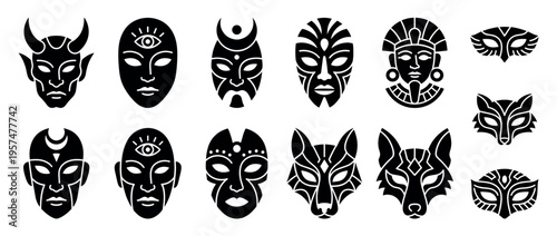 Collection of diverse mystical, tribal, and animal masks featuring various cultural and fantasy designs in a flat vector style.