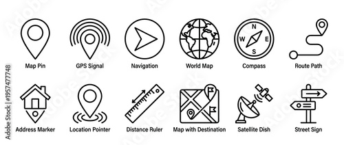 Navigation map location GPS icons set featuring various symbols for global positioning, route planning, and address finding in a modern line art style.