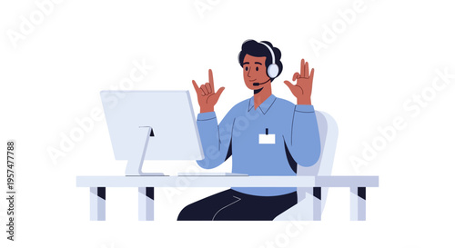 Friendly Customer Service Agent Offering Excellent Online Support with Positive Hand Gestures