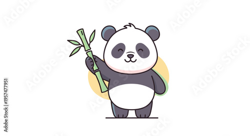 Cute cartoon panda holding bamboo shoot.