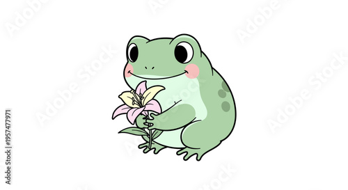 Cute Green Frog Holding Flower.