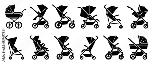 Baby strollers and prams icon set showing various types of infant transport equipment for newborns and toddlers.