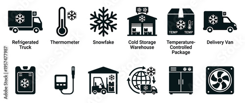 Cold chain logistics and temperature control icons set, including refrigerated transport, storage, and monitoring equipment symbols.