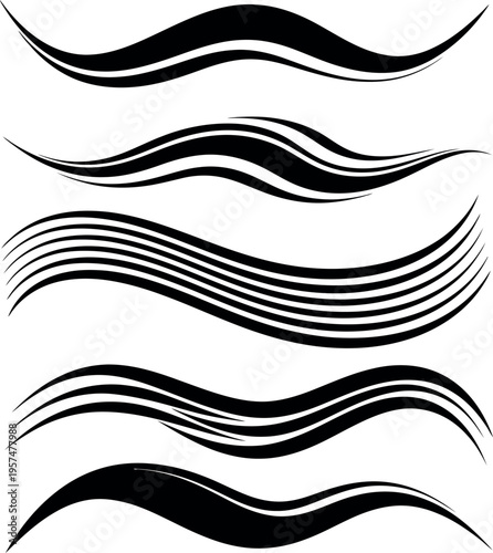 Black wave line illustrations vector, abstract flowing curved brush stroke elements