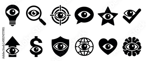Collection of eye icons representing various concepts like insight, security, surveillance, and global awareness in a modern graphic style.
