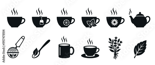 Collection of hot tea and herbal beverage icons, including cups, teapots, infusers, and natural ingredients for a healthy drink.