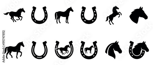 Horses and horseshoes silhouette icons set with various equine poses and lucky charm symbols for western and equestrian designs.