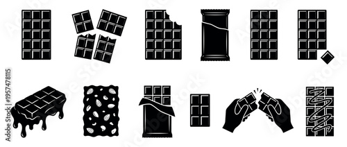 Chocolate bars icons set featuring various forms like whole, broken, bitten, melting, and wrapped, perfect for sweet treat designs.