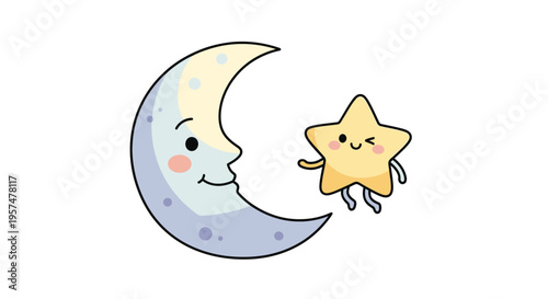 Smiling moon and star cartoon characters.