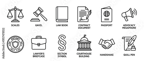 Law justice legal icons symbols set representing various aspects of the judicial system and related services in a modern outline style.