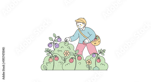 Man gardening in green garden.