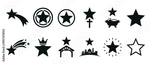 Collection of star icons and symbols representing Christmas, nativity, and general celestial themes for various design elements.