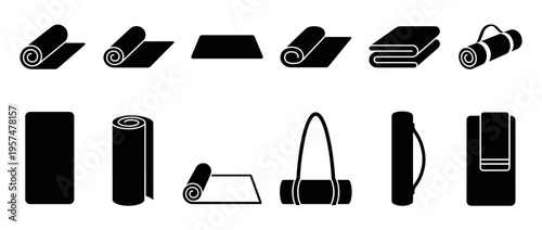Yoga mat icons set illustrating various rolled, unrolled, and folded exercise mats for fitness and wellness activities.