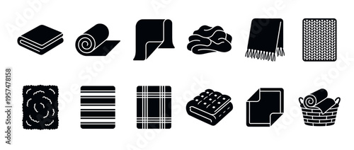 Set of black silhouette icons depicting different types of textiles, fabrics, and soft goods like blankets, towels, and scarves.