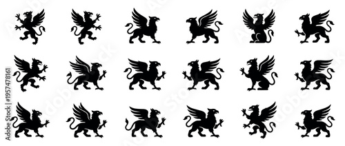 Griffins mythical creatures vector collection featuring various heraldic fantasy beasts in different poses, perfect for design elements and emblems.
