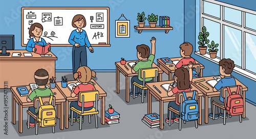 Students learning in a classroom with a teacher and an assistant.