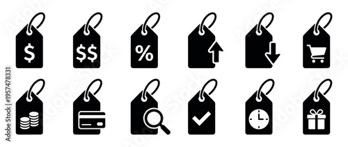 Price tag icons with various symbols representing shopping, finance, sales, and business concepts in a black silhouette style.