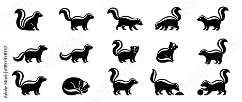 Skunk icons set featuring various poses and actions of the striped mammal in a simple black and white vector illustration style.