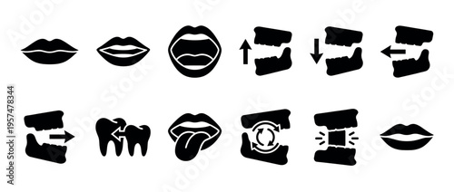 Oral cavity anatomy icons set illustrating different mouth, jaw, and teeth movements for dental and medical concepts.