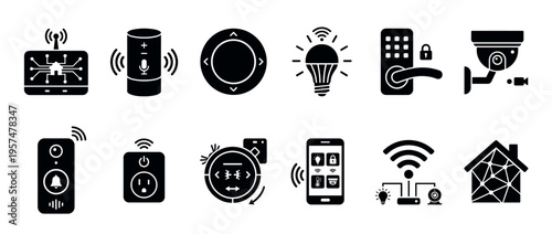 Smart home devices and IoT icons representing modern automation technology for connected living and intelligent household management.