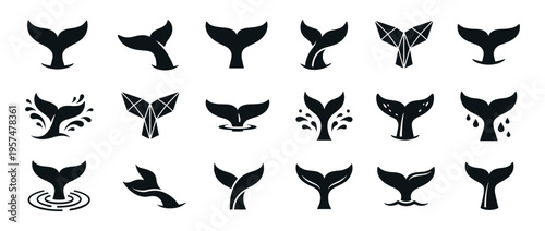 Whale tails collection featuring various stylized marine mammal flukes in different designs, symbolizing ocean life and aquatic themes.
