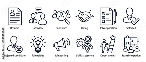 HR recruitment process icons illustrating the stages of hiring, including resume, interview, candidate selection, skill assessment, and team integration.
