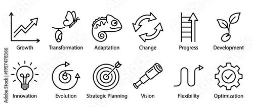Business development icons representing growth, transformation, adaptation, change, progress, innovation, and strategic planning concepts.