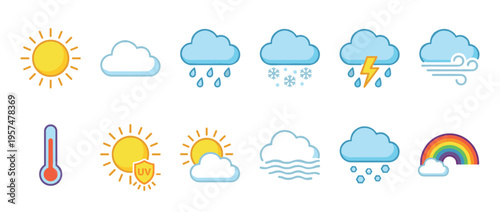 Weather icons collection with various climate symbols representing sun, clouds, rain, snow, wind, and temperature for forecast applications.