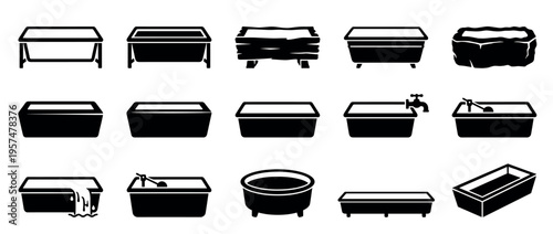 Bathtub trough water container icons set featuring various shapes, styles, and functions for bathing, washing, or animal feeding concepts.