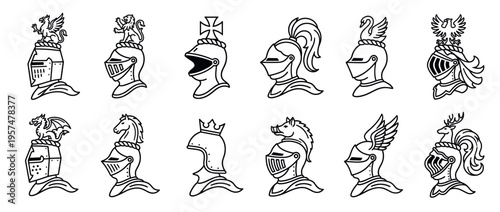 Collection of medieval knight helmets with various heraldic crests and plumes in a classic line art style.