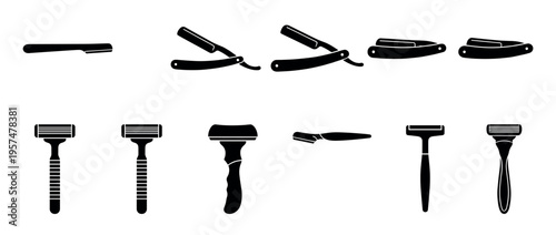 Collection of various shaving razors and straight razors in black silhouette icons for personal grooming and hygiene.