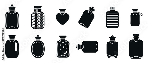 Hot water bottles icon set featuring various shapes and designs for warmth, comfort, and therapeutic relief.